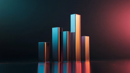 A sleek, futuristic D bar graph with metallic bars rising from a reflective surface, set against a dark gradient background, highlighting business growth.の素材
