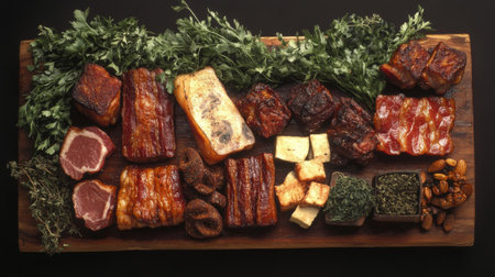A rustic wooden board displaying a selection of different types of bacon, including thick-cut and flavored varieties, surrounded by fresh herbs and spicesの素材