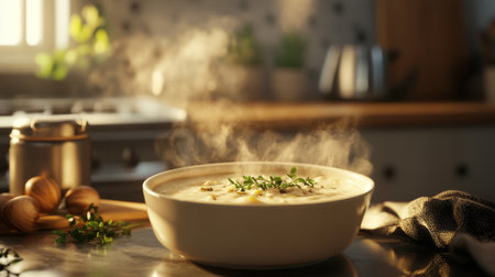 A steaming bowl of creamy chestnut soup garnished with fresh herbs, served in a cozy kitchen setting with warm lighting, creating an inviting atmosphere.の素材
