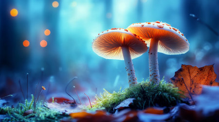 A serene image of wild mushrooms growing naturally in a lush forest, surrounded by green moss and fallen leaves, capturing the beauty of nature's hidden gems.の素材