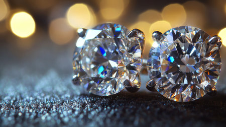 A stunning close-up of sparkling diamond earrings displayed elegantly on a velvet surface, showcasing the brilliance and clarity of the diamonds under soft lightingの素材