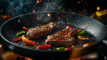 A striking photo of a hot grill pan with juicy steaks and colorful peppers sizzling, capturing the mouthwatering allure of grilled dishes ready to be served.の素材