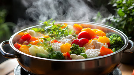 A steaming hot pot filled with colorful vegetables and spices, set on a rustic wooden table, inviting diners to enjoy a cozy and hearty meal together.の素材