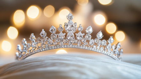 A stunning diamond tiara sparkling in the light, elegantly displayed against a soft, neutral background to highlight its exquisite designの素材
