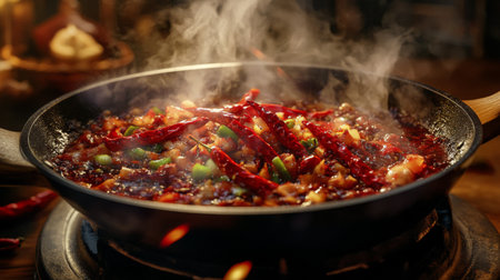 A sizzling skillet filled with stir-fried vegetables and red chilies, steam rising as the vibrant colors blend together, capturing the essence of a delicious meal preparation.の素材