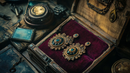 A striking photo of a pair of vintage-inspired diamond earrings with intricate designs, surrounded by antique jewelry pieces to evoke a sense of historyの素材