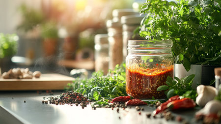A spicy condiment jar filled with homemade chili paste, surrounded by fresh herbs and whole spices, set on a kitchen counter with a warm, inviting atmosphere.の素材