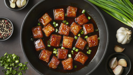 A striking composition of pork belly pieces marinating in a flavorful sauce, surrounded by fresh ingredients like garlic, ginger, and green onionsの素材