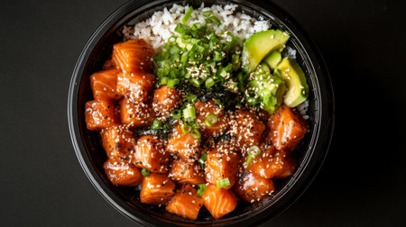 A stunning overhead view of a salmon poke bowl filled with cubed salmon, avocado, seaweed, and rice, beautifully garnished with sesame seeds and green onionsの素材