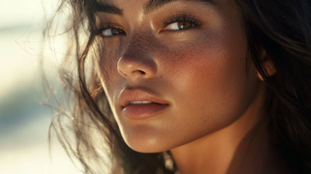 A stunning womans face in a natural outdoor setting, with a soft breeze blowing through her hair, her clear skin and minimal makeup glowing in natural light.の素材