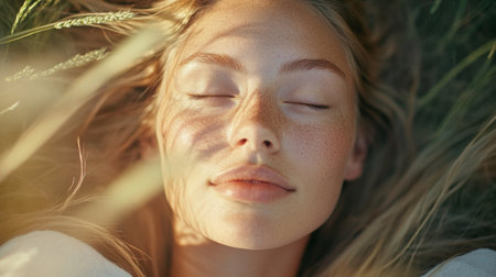 A stunning womans face in a natural outdoor setting, with a soft breeze blowing through her hair, her clear skin and minimal makeup glowing in natural light.の素材