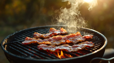 A vibrant image of bacon sizzling on a grill, with smoke rising and the sun setting in the background, creating a warm, inviting outdoor cooking sceneの素材