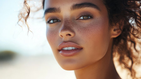 A stunning womans face in a natural outdoor setting, with a soft breeze blowing through her hair, her clear skin and minimal makeup glowing in natural light.の素材