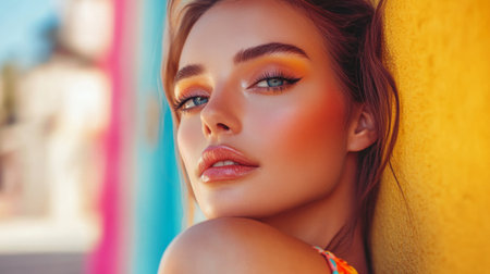 A vibrant scene of a woman posing confidently after finishing her makeup, with her hair styled beautifully, in a bright and colorful outdoor setting.の素材