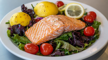 A vibrant salmon salad featuring mixed greens, cherry tomatoes, and slices of smoked salmon, dressed with a light vinaigrette, perfect for a refreshing mealの素材