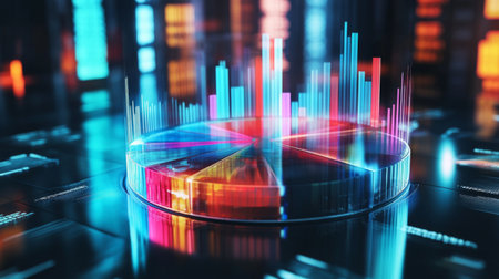 A vibrant D pie chart with glass-like translucent sections, illuminated from below, each segment labeled with financial data in a futuristic setting.の素材