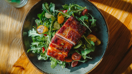A vibrant image of a pork belly salad featuring fresh greens, crunchy vegetables, and a tangy dressing, showcasing a healthy and colorful meal optionの素材