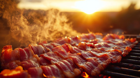 A vibrant image of bacon sizzling on a grill, with smoke rising and the sun setting in the background, creating a warm, inviting outdoor cooking sceneの素材