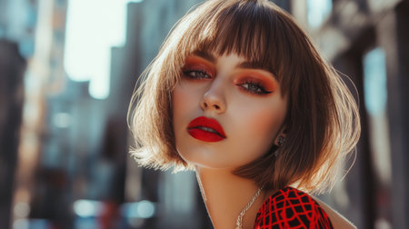 A stylish portrait of a woman with a chic bob haircut, wearing bold makeup and a fashionable outfit, set against a modern urban backdrop, exuding confidence.の素材