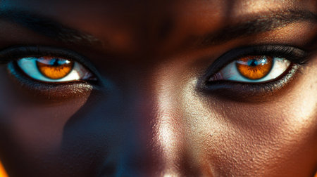 A womans striking amber eyes in focus, with bold makeup in earth tones and a confident, powerful expression, conveying strength and beauty.の素材