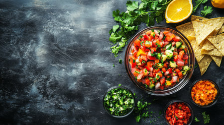 A vibrant seafood ceviche made with fresh fish, citrus juices, and chopped vegetables, beautifully presented in a glass bowl with tortilla chips on the sideの素材