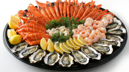 A vibrant seafood platter showcasing an array of fresh shrimp, oysters, and crab legs, beautifully arranged with lemon wedges and herbs for a luxurious dining experienceの素材
