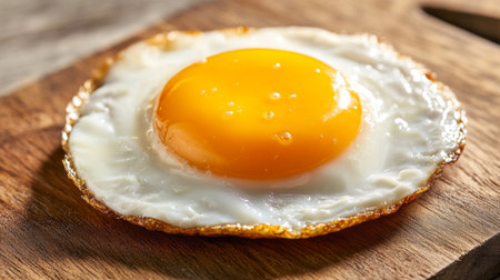 Close-up of a cracked open egg on a wooden cutting board, with the yolk and egg white glistening in natural light, capturing freshness and simplicityの素材