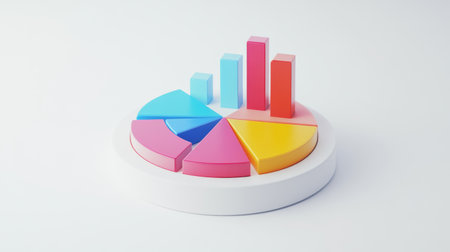 A vibrant financial pie chart illustrating a company's revenue breakdown, with colorful segments for different products, set against a clean white background for clarity.の素材