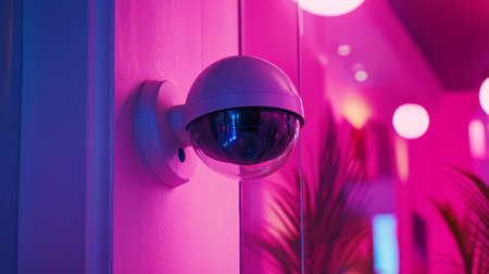 A vibrant image of a CCTV camera mounted on a storefront, monitoring the entrance and surrounding area, conveying a sense of safety for customersの素材