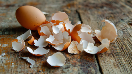 Close-up of egg shells with natural textures and colors scattered on a wooden surface, showcasing the beauty of raw ingredientsの素材
