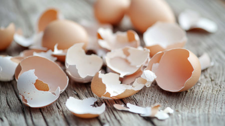 Close-up of egg shells with natural textures and colors scattered on a wooden surface, showcasing the beauty of raw ingredientsの素材