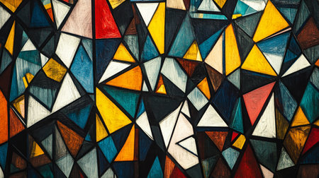 Collection of abstract triangle shapes in bold colors, forming a vibrant, layered pattern with depth and sharp angles on a black backgroundの素材