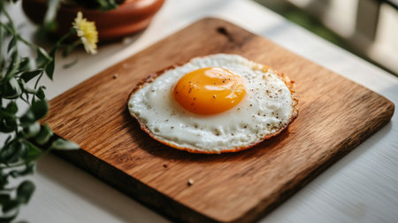 Close-up of a cracked open egg on a wooden cutting board, with the yolk and egg white glistening in natural light, capturing freshness and simplicityの素材