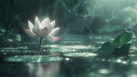 Close-up of a single pink lotus flower standing above the water, with its delicate petals in contrast to broad, green lotus leavesの素材