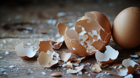 Close-up of egg shells with natural textures and colors scattered on a wooden surface, showcasing the beauty of raw ingredientsの素材