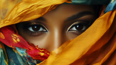 A woman's dark, expressive eyes peeking through a colorful silk scarf, creating a mysterious and alluring look with emphasis on her bold eyeliner.の素材