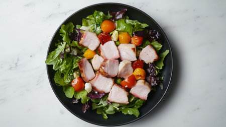 A vibrant image of a pork belly salad featuring fresh greens, crunchy vegetables, and a tangy dressing, showcasing a healthy and colorful meal optionの素材