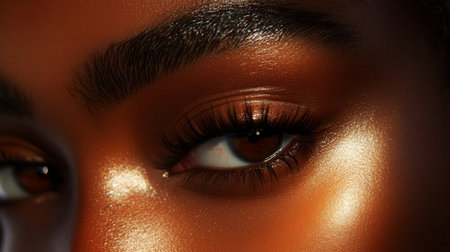 Extreme close-up of a woman's hazel eyes, showcasing the intricate details of her irises, with a soft glow in the surrounding skin and perfectly arched brows.の素材