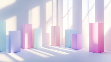 Minimal D bar graph in pastel colors, with shadows cast across a white background, creating a soft and elegant visualの素材