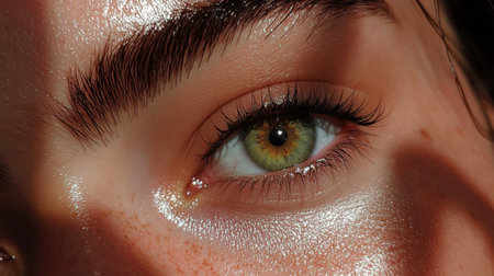 Extreme close-up of a woman's hazel eyes, showcasing the intricate details of her irises, with a soft glow in the surrounding skin and perfectly arched brows.の素材