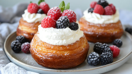 Toasted brioche topped with whipped cream and berries, creating a delightful and inviting brunch setup on a rustic tableの素材