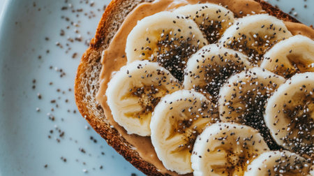 Toast topped with creamy peanut butter and banana slices, sprinkled with chia seeds, creating a nutritious and delicious breakfast optionの素材