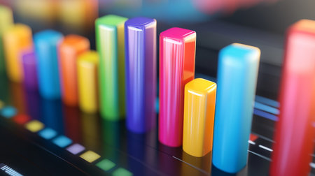 Multi-colored D bar graph on a glossy surface, with each bar casting distinct shadows, giving a sharp, vibrant appearanceの素材