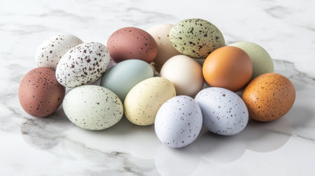 Stack of speckled and solid-colored eggs on a marble surface, arranged aesthetically to highlight their unique textures and huesの素材