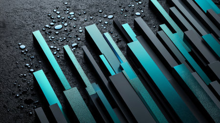Tall, glossy D bars in various shades of blue and green, arranged in an upward trend on a dark, textured backgroundの素材