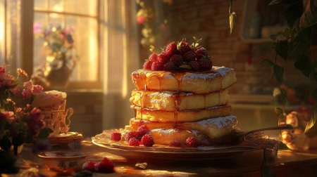 Stack of buttery French toast drizzled with syrup and topped with fresh berries, creating a delicious, inviting breakfast sceneの素材