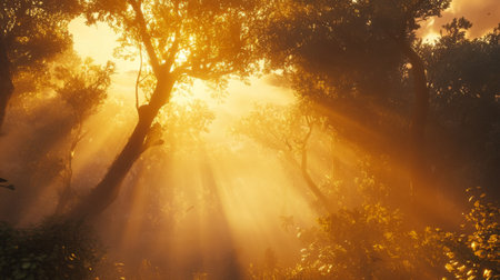 Sunset view with warm, golden sunlight streaming through a forest, illuminating the trees and creating a beautiful contrastの素材