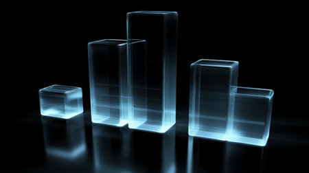 Transparent D bar graph with glowing edges, set against a dark background for a modern, tech-inspired lookの素材