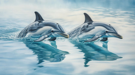Pair of dolphins swimming side by side in calm, sunlit waters, their bodies creating soft reflections on the waters surfaceの素材