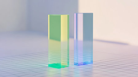 Transparent blue and green D bars standing on a white grid, casting reflections on a glassy surface for a clean, modern lookの素材